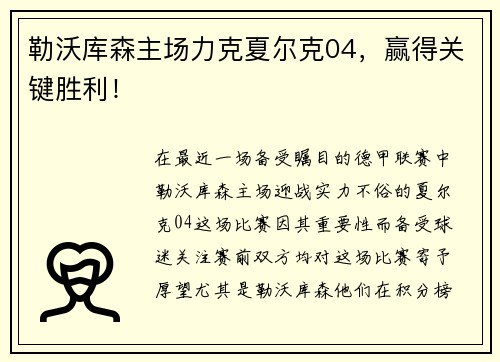 勒沃库森主场力克夏尔克04，赢得关键胜利！